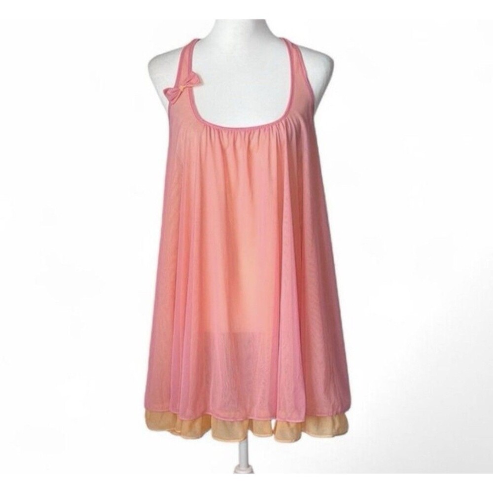Betsey Johnson Sz M Mesh Mini Dress Pink Orange Sheer Layered Y2K babydoll